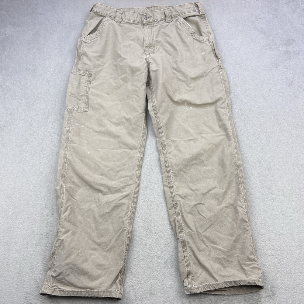 Carhartt Pants Mens 36x32 Beige Tan Workwear Vintage Y2K Leather Patch Outdoor